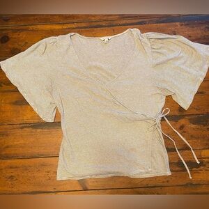 Lucky Brandy Women’s Striped Blouse with Wide Sleeves and Wrap Tie Detail Size L